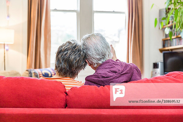 Rückansicht eines romantischen Seniorenpaares auf einem Wohnzimmersofa mit verbundenen Köpfen