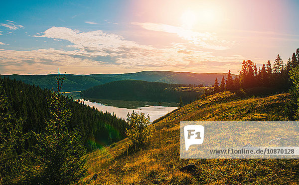 Elevated view of lake on rolling landscape