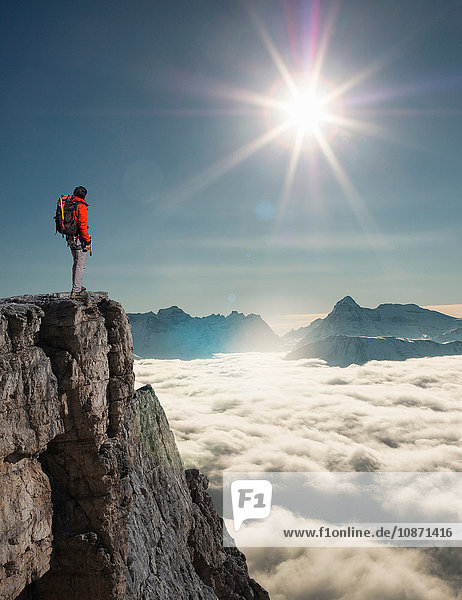 Bergsteiger  der vom Gipfel aus dem Nebel in den Alpen schaut  Bettmeralp  Wallis  Schweiz