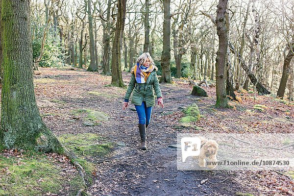 Frau geht mit ihrem Welpen im Wald spazieren