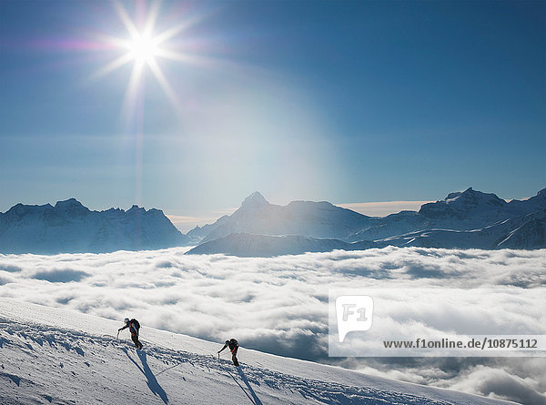 Zwei Bergsteiger auf einem verschneiten Hang über einem Nebelmeer in einem Alpental  Alpen  Kanton Wallis  Schweiz