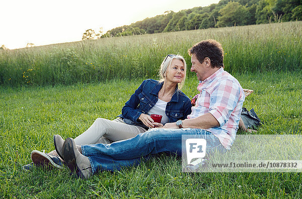 Mature couple on grass having picnic