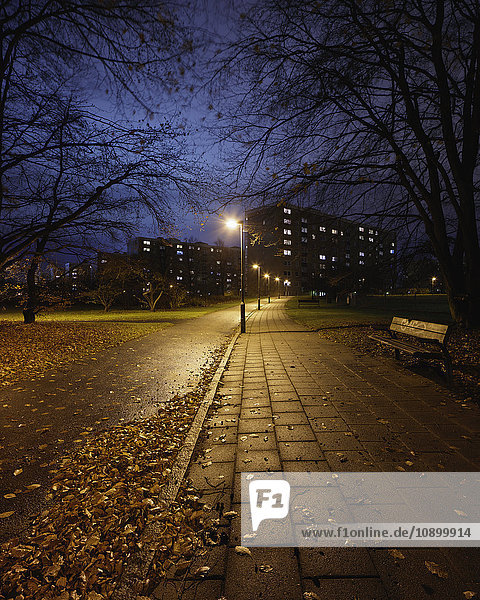 Schweden  Skane  Malmö  Rosengard  Beleuchtete Gasse im Park bei Nacht