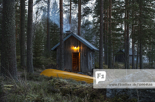 Finnland  Pirkanmaa  Ruovesi  Gelbes Ruderboot vor Holzhäuschen im Wald