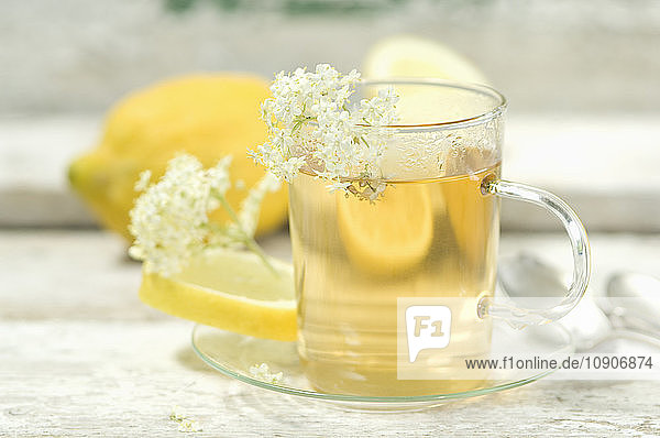Elder flower tea  tea cup and elderflowers  lemon in the background