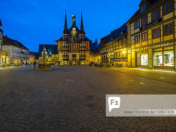 Germany  Saxony-Anhalt  Wernigerode  townhall and market place in the evening
