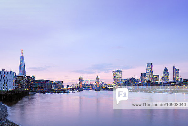 UK  London  skyline with River Thames and Tower Bridge at dawn