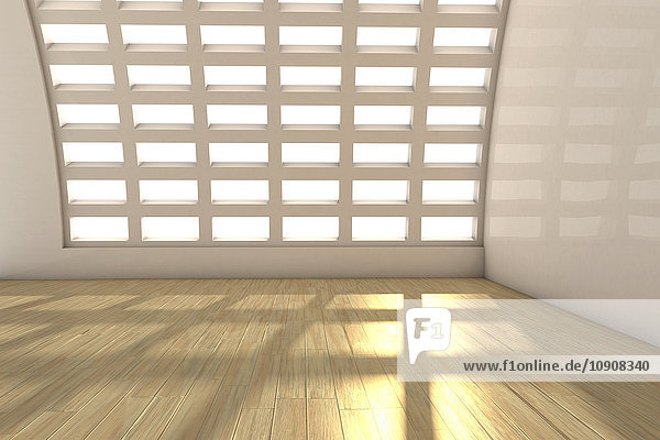 Leerer weißer Raum mit Laminatboden  3D-Rendering