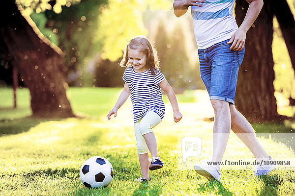 Glückliches kleines Mädchen  das mit seinem Vater im Park Fußball spielt.