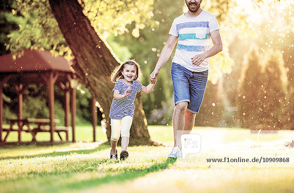 Porträt eines lächelnden kleinen Mädchens  das mit seinem Vater Hand in Hand im Park läuft.