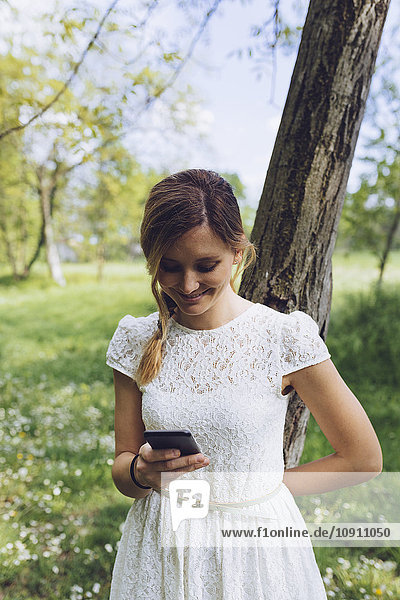 Lächelnde Frau  die sich an den Baumstamm lehnt und ihr Smartphone ansieht