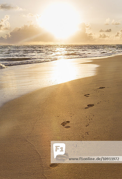 Dominikanische Rebublik  Fußabdrücke im Sand am tropischen Strand bei Sonnenuntergang