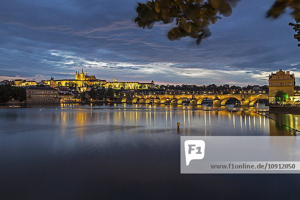 Czechia  Prague  Prague Castle and Charles Bridge at blue hour