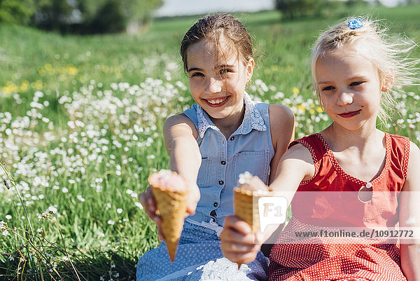 Two girls in meadow holding ice cream cones