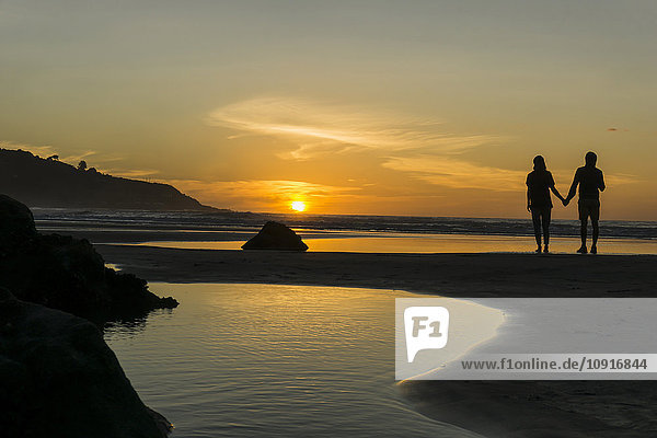 Silhouette of couple standing hand in hand on the beach looking at sunset