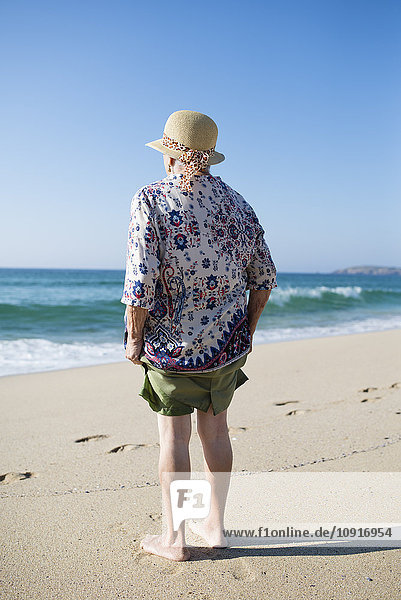 Back view of senior woman standing on the beach