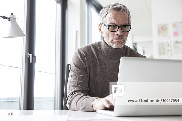 Mature man sitting in office using laptop