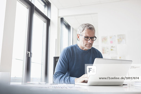 Mature man sitting in office using laptop