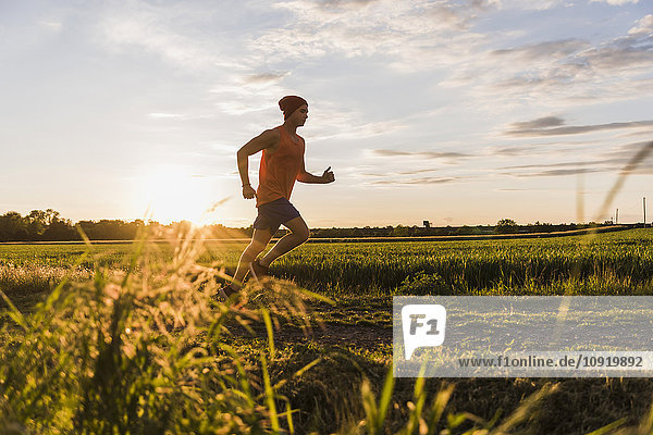 Germany  young man jogging  against the sun