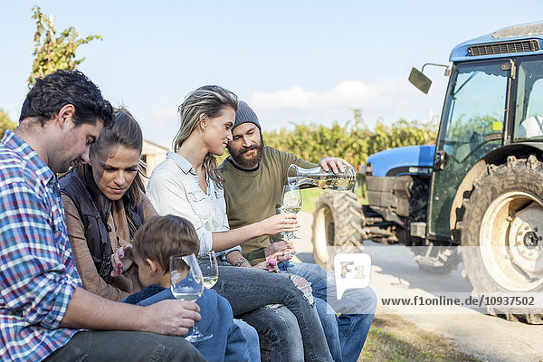 Group of friends drinking white wine on garden party in vineyard