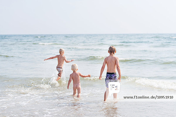 Drei Jungen spazieren im Meer am Strand