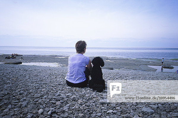 Frau und Hund sitzen am Strand und blicken auf das Wasser hinaus.