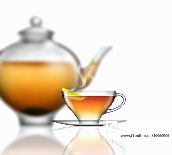 Zitronentee  Glas-Teetasse  Untertasse und Teekanne