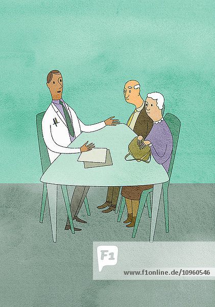 Arzt spricht mit älterem Paar in der Arztpraxis