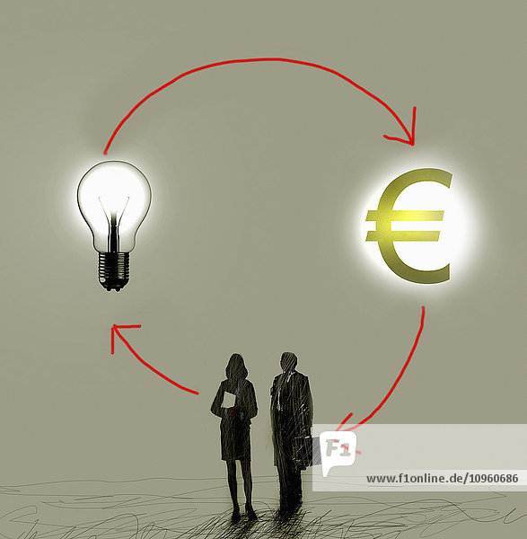 Geschäftsmann und Geschäftsfrau machen sich Gedanken mit Glühbirne und Eurozeichen