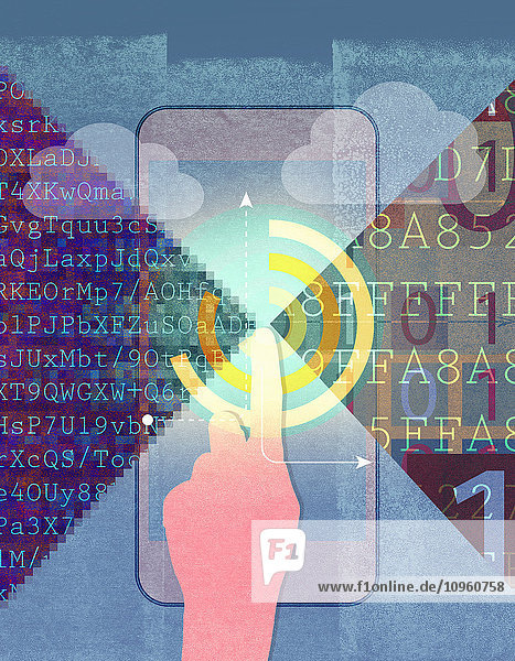 Hand benutzt ein Smartphone zum Cloud Computing mit dem Finger auf dem Touchscreen