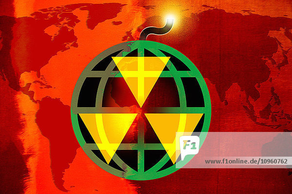 Globus als Bombe mit brennender Lunte und Radioaktivitäts-Symbol