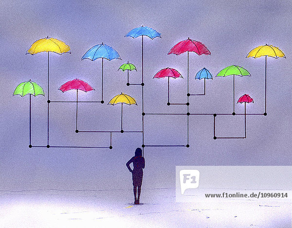 Frau denkt über die Auswahl hell leuchtender Regenschirme in einem Netzwerkmuster nach