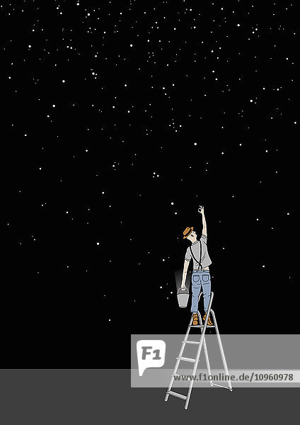 Mann auf einer Leiter sammelt Sterne im Eimer
