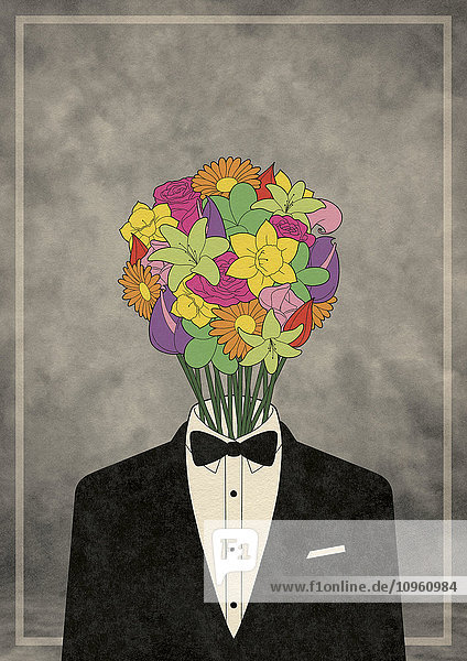Mann mit Blumenstrauß als Kopf trägt Smoking und Fliege