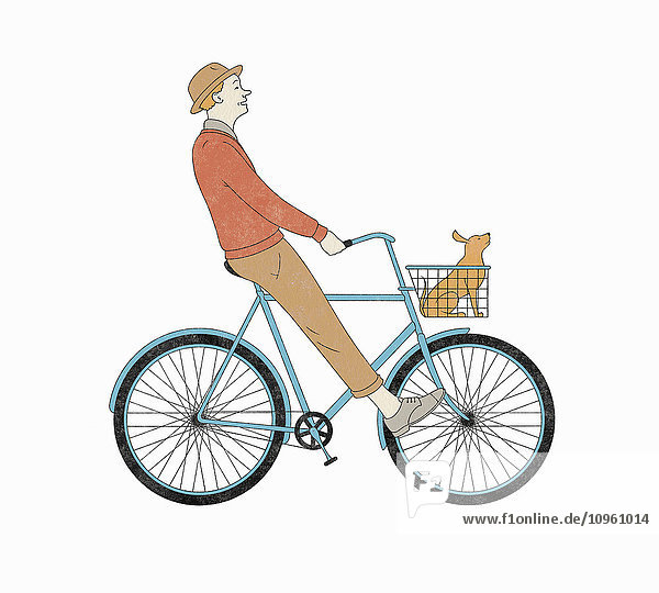 Unbeschwerter Mann fährt Fahrrad mit einem Hund im Fahrradkorb