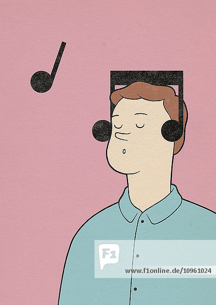 Teenager hört Musik mit Kopfhörern in Musiknotenform