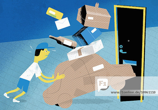 Gestresster Postarbeiter kämpft mit der Auslieferung großer unhandlicher Pakete