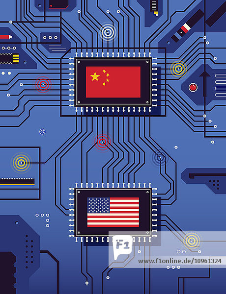 Chinesische und amerikanische Flagge verbunden auf einer Platine