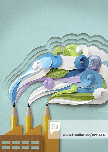 Colorful swirling smoke from pencils as factory chimneys