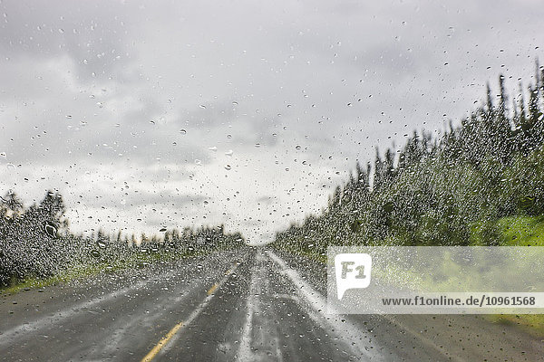Regen auf einem Fahrzeugfenster auf dem Alaska Highway nördlich von Watson Lake  Yukon Territory  Kanada  Sommer