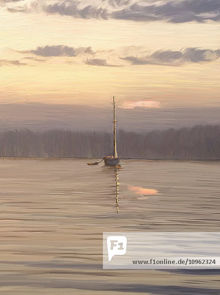 Gemälde eines Segelbootes auf dem ruhigen Wasser des Sees in der Morgendämmerung