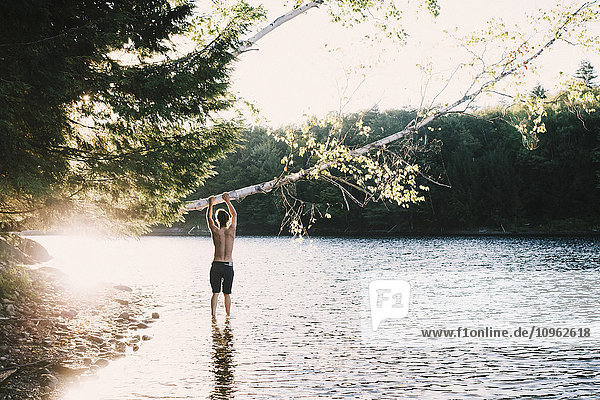Ein junger Mann steht am Rande eines Sees und hält sich an einem schiefen Baum fest; Waterbury  Vermont  Vereinigte Staaten von Amerika'.