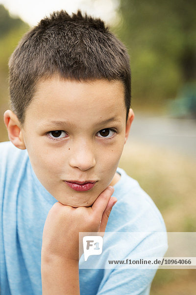 'Portrait of a young boy with his chin resting on his hand; Chilliwack  British Columbia  Canada'