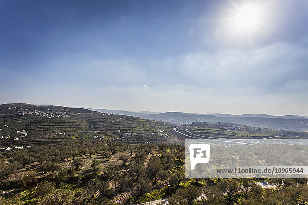 'Looking south from the hills of Samaria in the direction of Jerusalem that lies just over the horizon; Sabasita Samaria Israel'