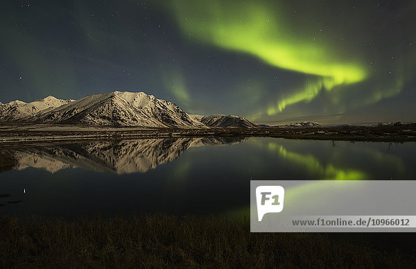 'Northern Lights (aurora borealis) over the Dempster Highway and reflected into a pond; Yukon Canada'