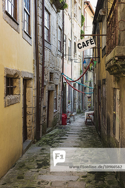'Green moss on the stone of a narrow alley between buildings and a cafe sign; Oporto  Portugal'