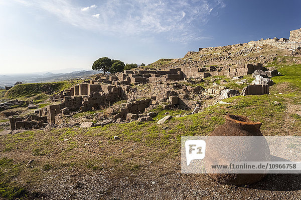 'A clay water pot sits at the site of ancient ruins; Pergamum  Turkey'