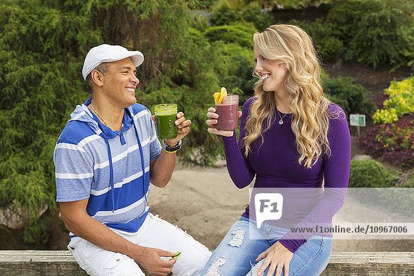 Ein erwachsenes Paar sieht sich lächelnd an und stößt mit frischen Frucht-Smoothies in einem Picknick-Park an; Vancouver  British Columbia  Kanada'.