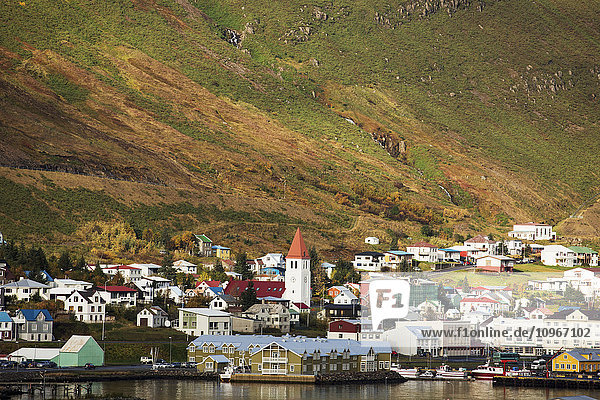 'Colorful houses in a village along the coast; Siglufjordur Iceland'