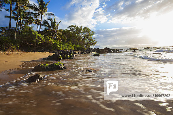 Mokapu Beach bei Sonnenuntergang mit Palmen; Maui  Hawaii  Vereinigte Staaten von Amerika'.
